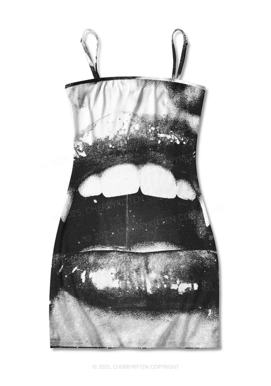 Halloween Vampire Lips Y2K Print Slip Dress Cherrykitten