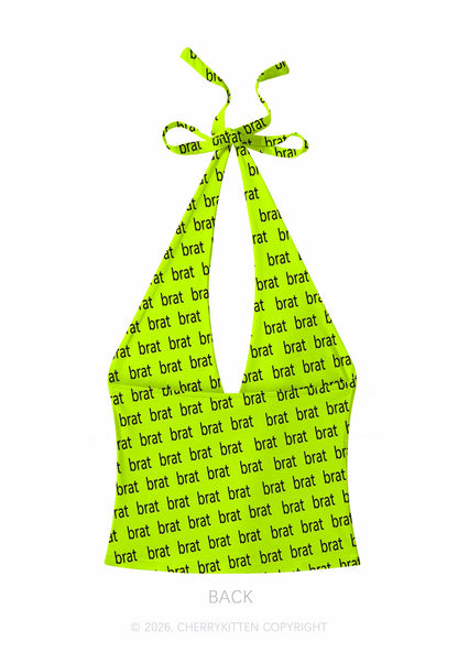 Brat Summer Y2K Print Halter Deep V Neck Cami Cherrykitten