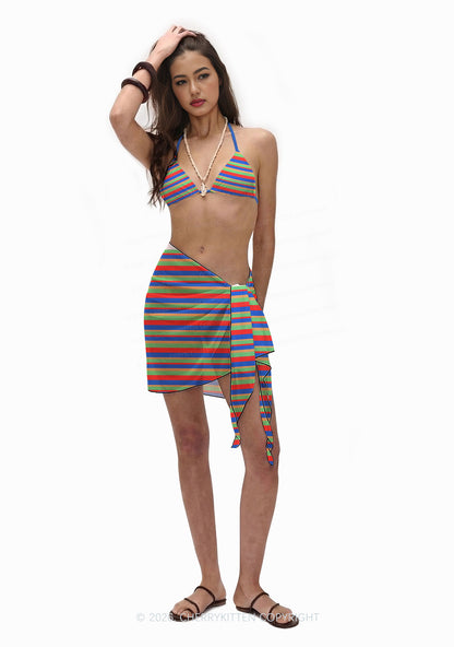 Rainbow Horizontal Stripe Y2K Print Bikini Set Cherrykitten