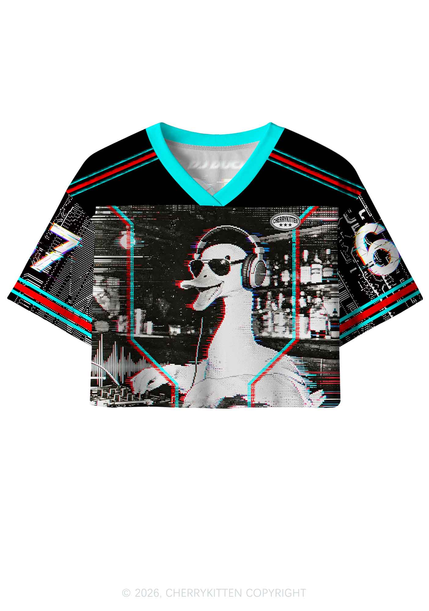 Retro Glitch DJ Duck Y2K Crop Sport Jersey Shirts Cherrykitten