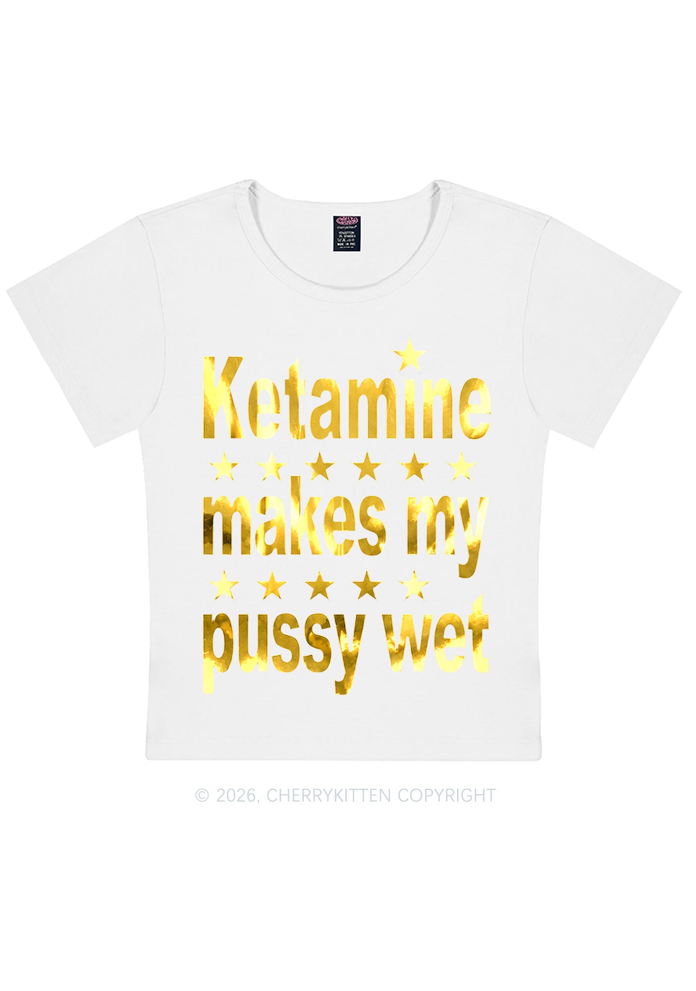 K Makes My Puxxy Wet Silver Foil Printed Y2K Baby Tee Cherrykitten