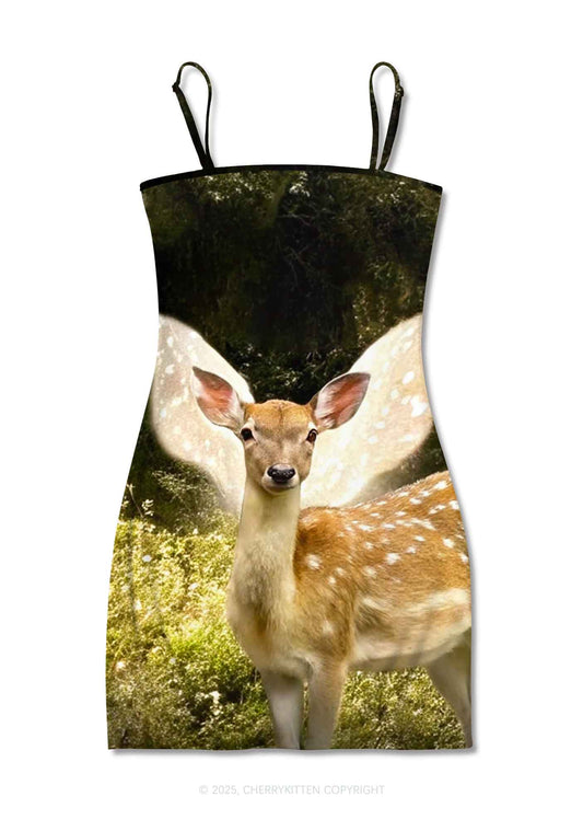 Forest Deer Y2K Print Slip Dress Cherrykitten