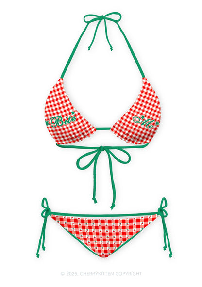 Red Plaid Bite Me Y2K Print Bikini Set Cherrykitten