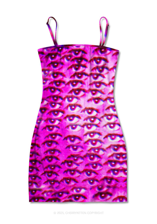 Halloween Pink Eyes Y2K Print Slip Dress Cherrykitten
