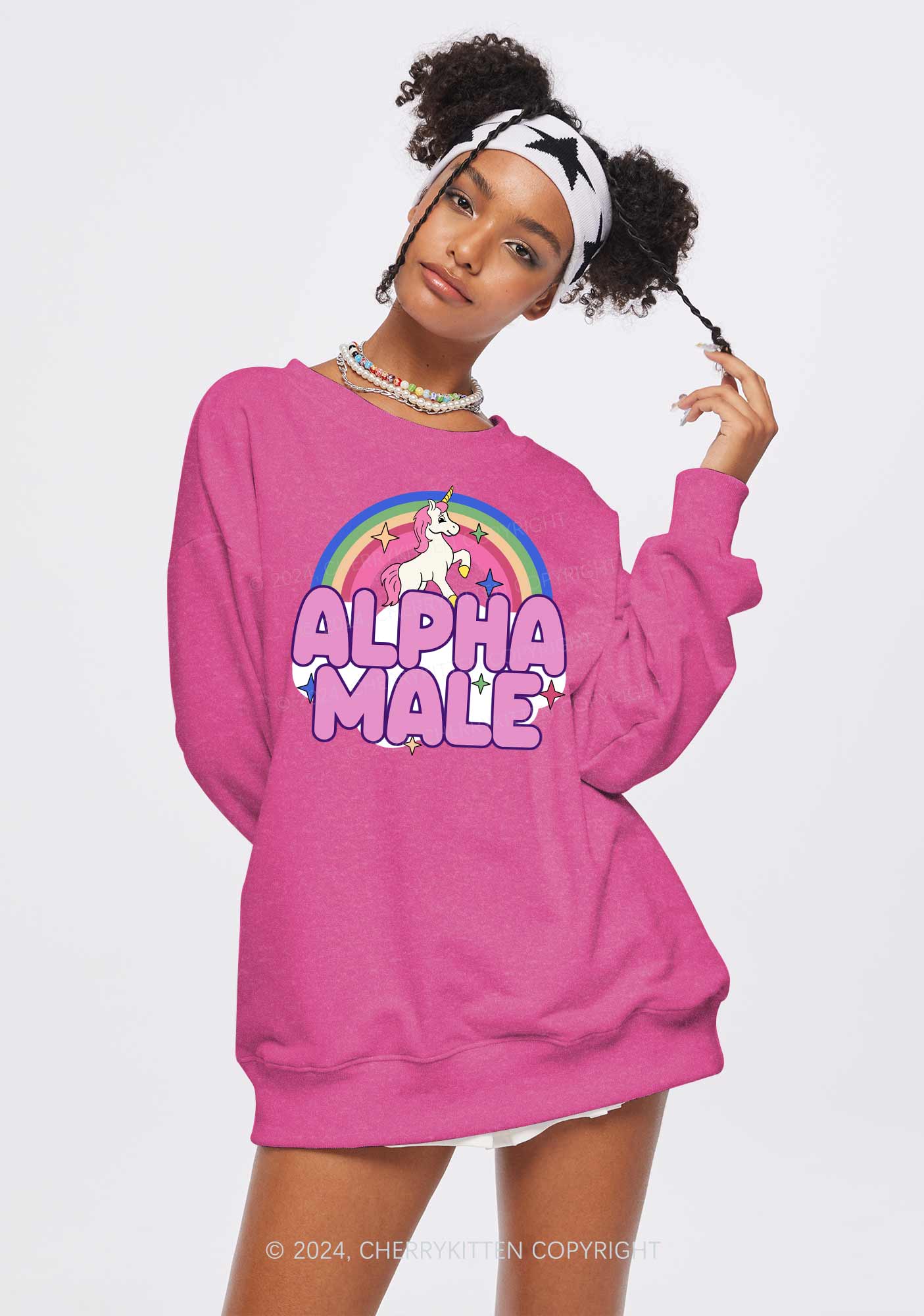 Rainbow Unicorn Alpha Male Y2K Washed Sweatshirts Cherrykitten