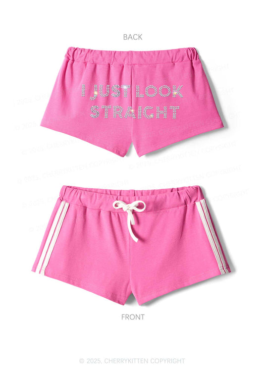 Rhinestone I Just Look Straight Pride Y2K Drawstring Mini Shorts Cherrykitten