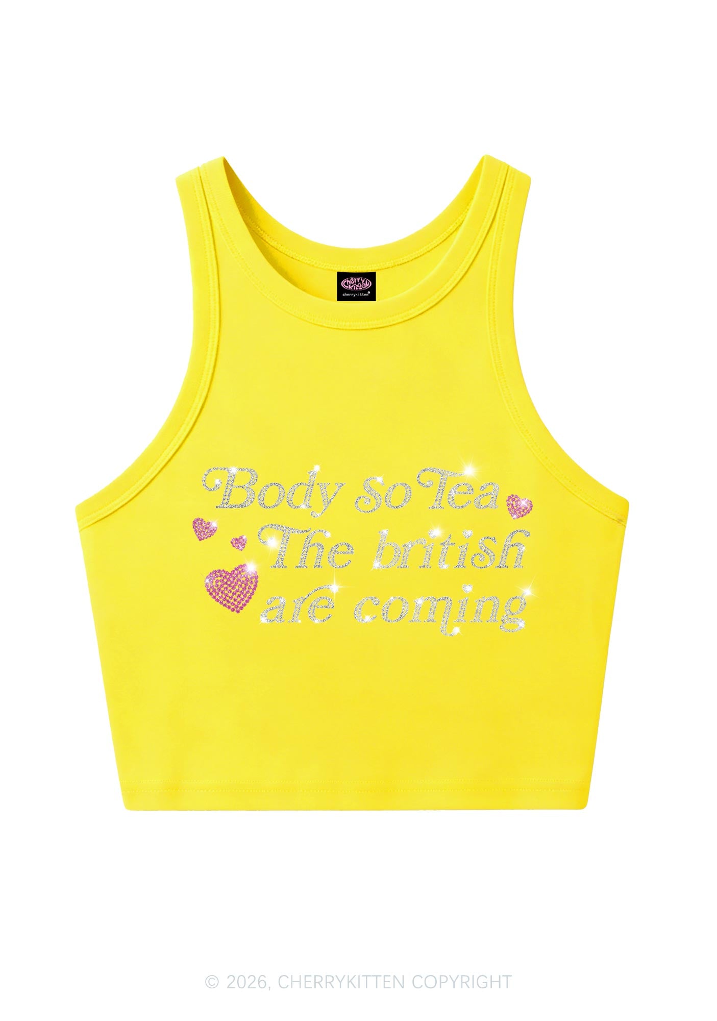 Rhinestone Body So Tea Y2K Crop Tank Top Cherrykitten