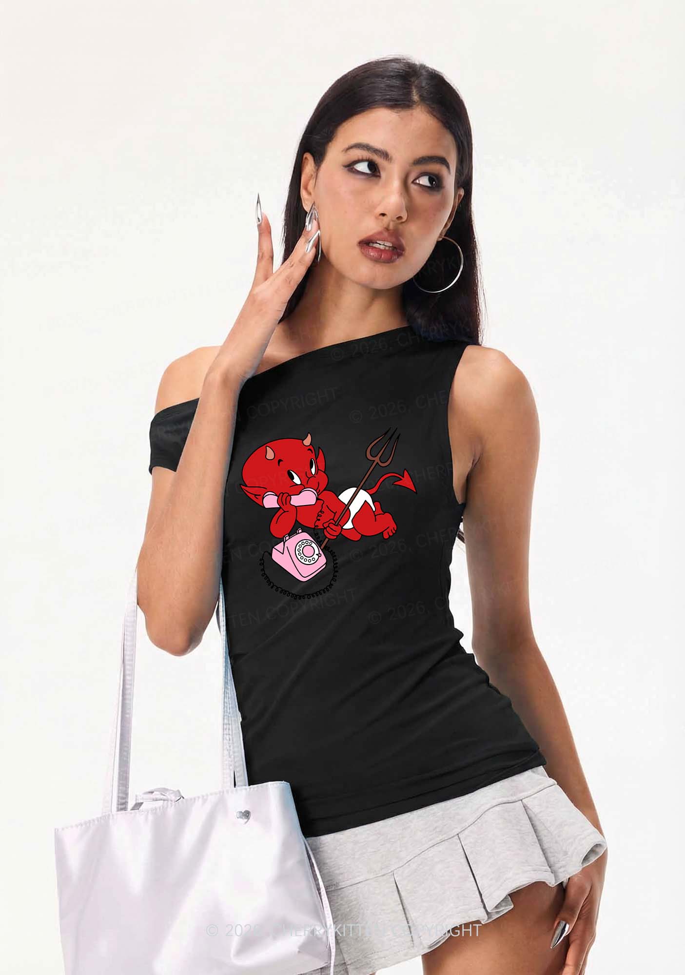 Little Devil On The Phone Y2K Off Shoulder Tank Top Cherrykitten