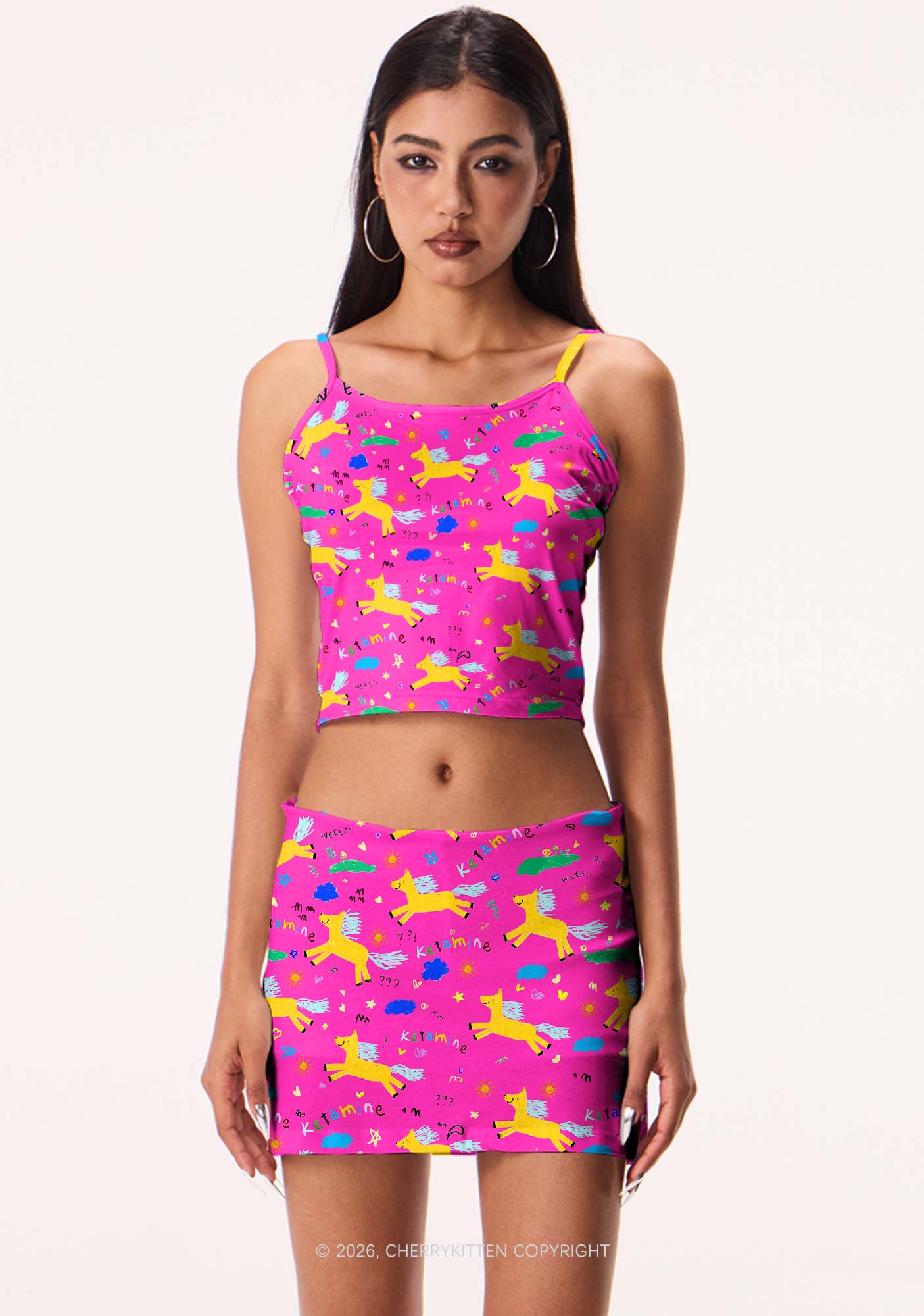 Orange Pony On Hot Pink Y2K Print Mini Skirt Cherrykitten