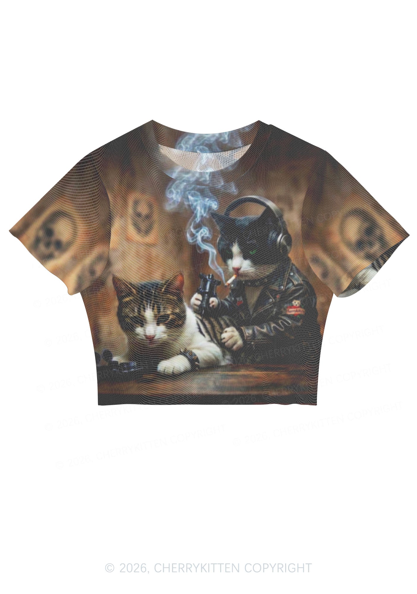 Smoking Cats Tattoo Scene Y2K Mesh Crop Top Cherrykitten