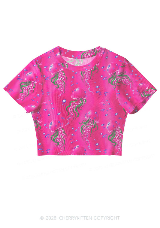 Hot Pink Jellyfish Bubble Y2K Mesh Crop Top Cherrykitten