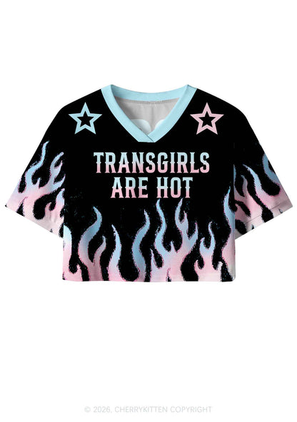 Transgirls Are Hot Flame Pride Y2K Crop Sport Jersey Shirts Cherrykitten