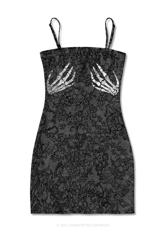 Skeleton Hand Txts Y2K Print Slip Dress Cherrykitten