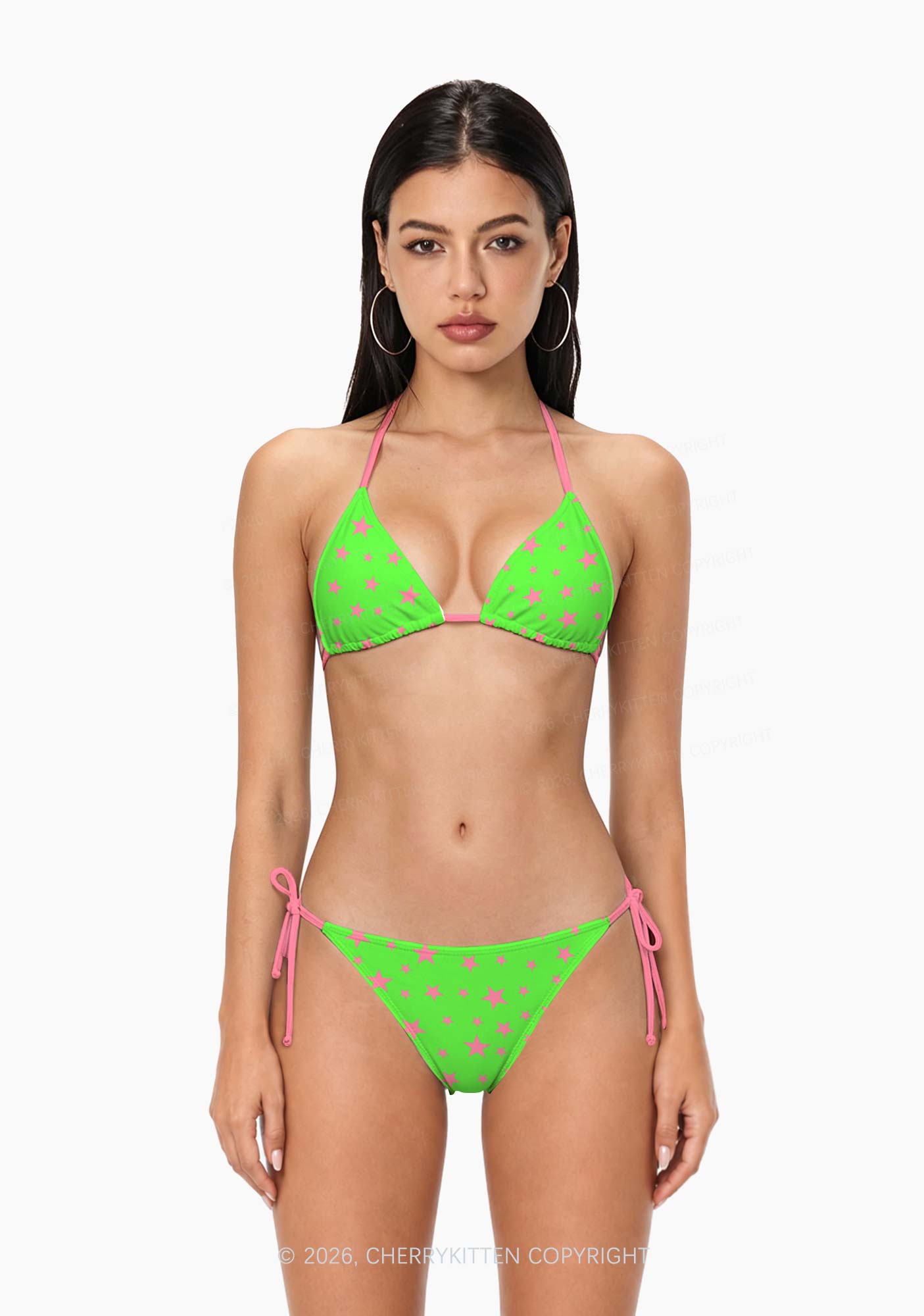 Pink Star On Green Y2K Print Bikini Set Cherrykitten