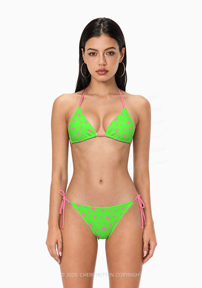 Pink Star On Green Y2K Print Bikini Set Cherrykitten