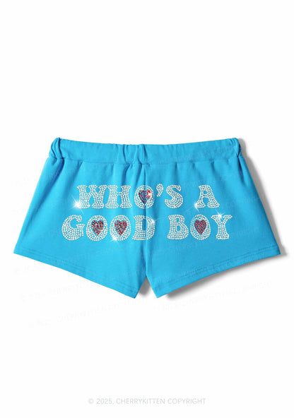 Rhinestone Whos A Good Boy Y2K Drawstring Mini Shorts Cherrykitten