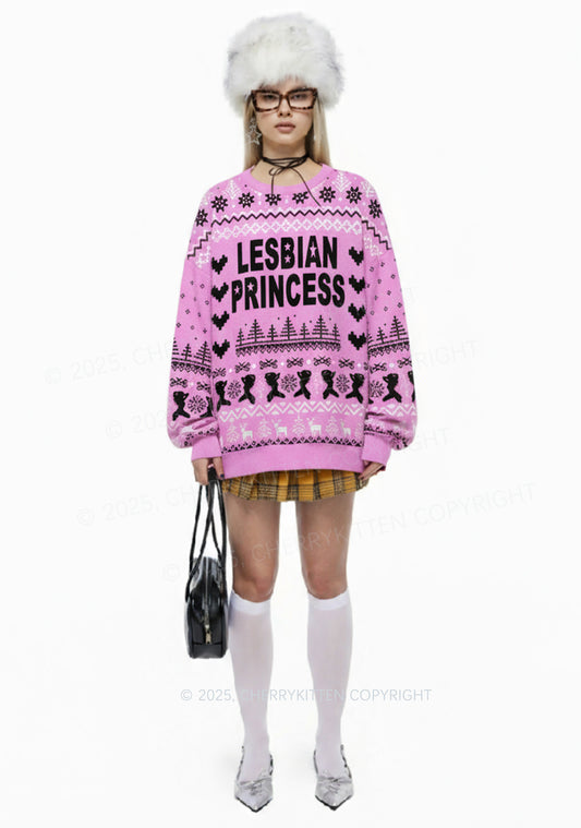 Lesbian Princess Pride Y2K Christmas Knit Sweatshirt Cherrykitten