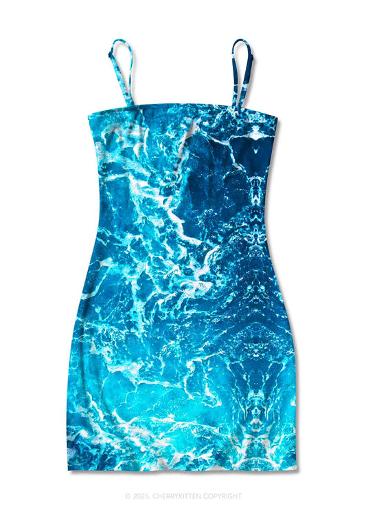 Ocean Wave Y2K Print Slip Dress Cherrykitten