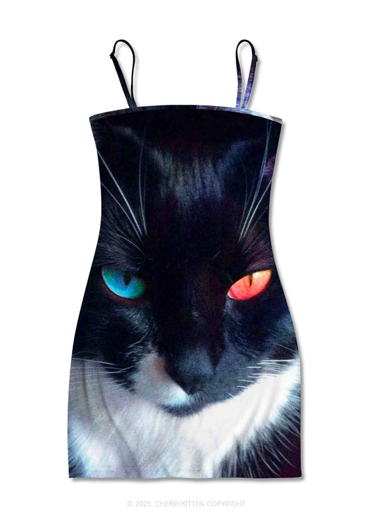 Odd Eyed Cat Y2K Print Slip Dress Cherrykitten