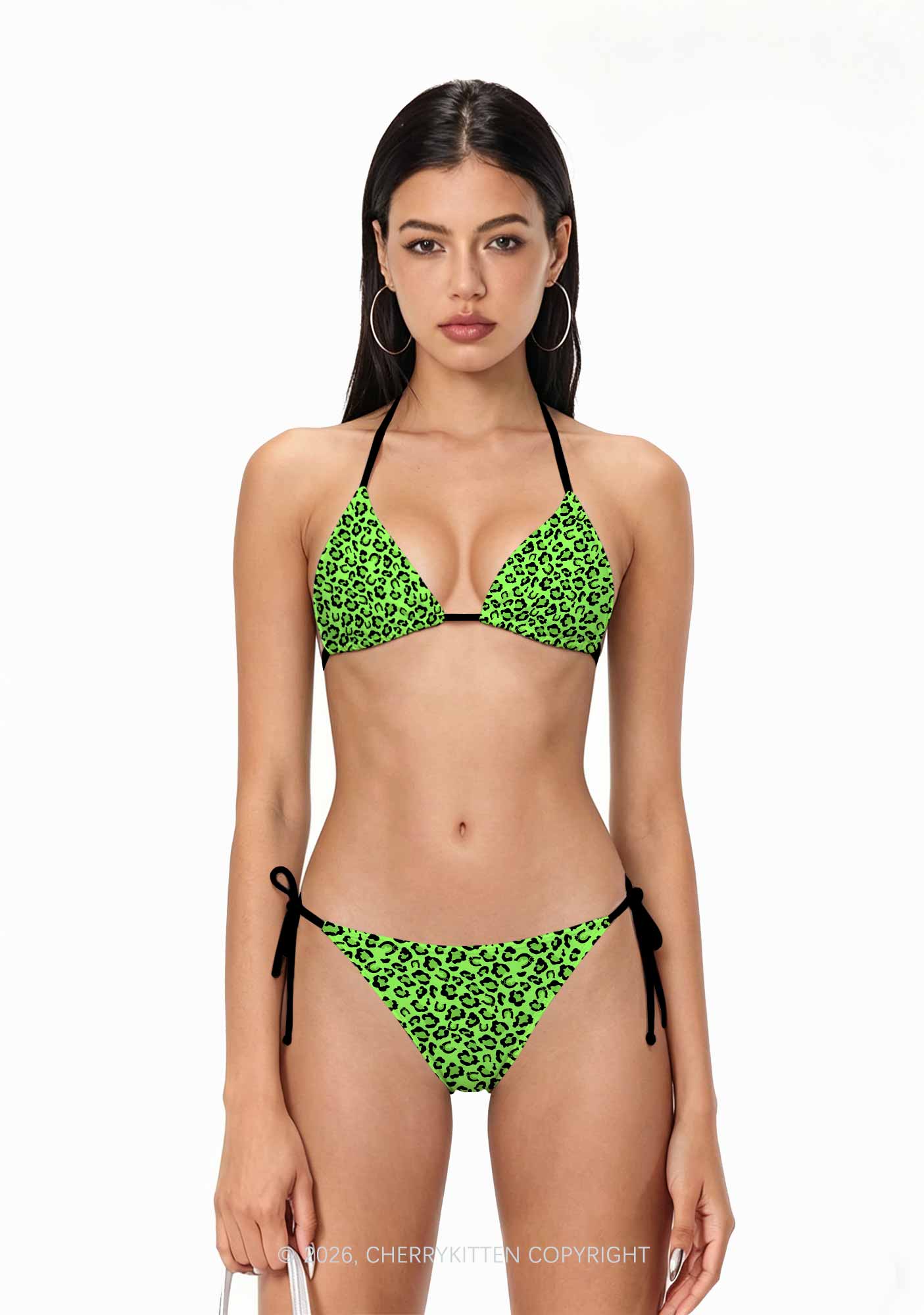 Fluorescent Green Leopard St Patricks Y2K Print Bikini Set Cherrykitten