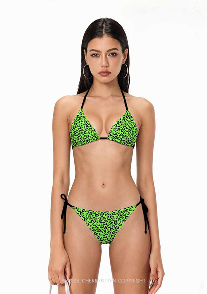 Fluorescent Green Leopard St Patricks Y2K Print Bikini Set Cherrykitten