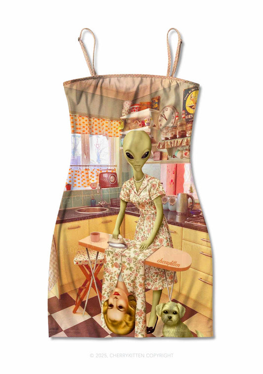 Halloween Alien Housewife Y2K Print Slip Dress Cherrykitten