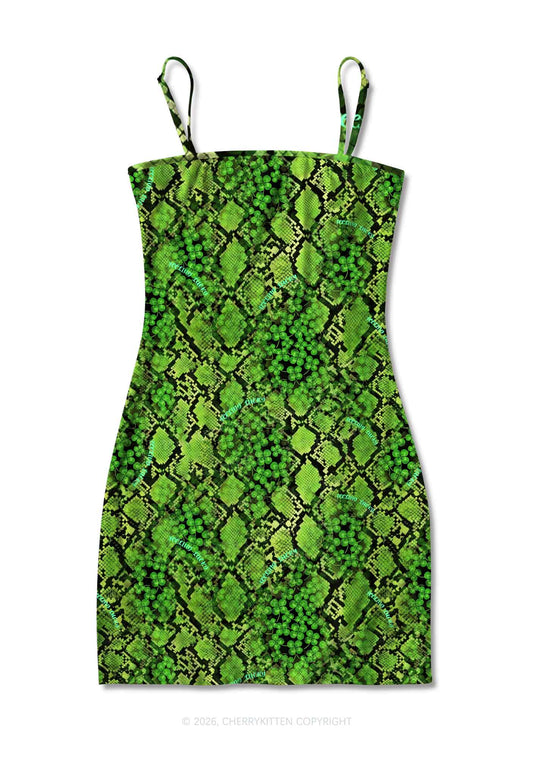 Clover Snake Pattern St Patricks Y2K Print Slip Dress Cherrykitten