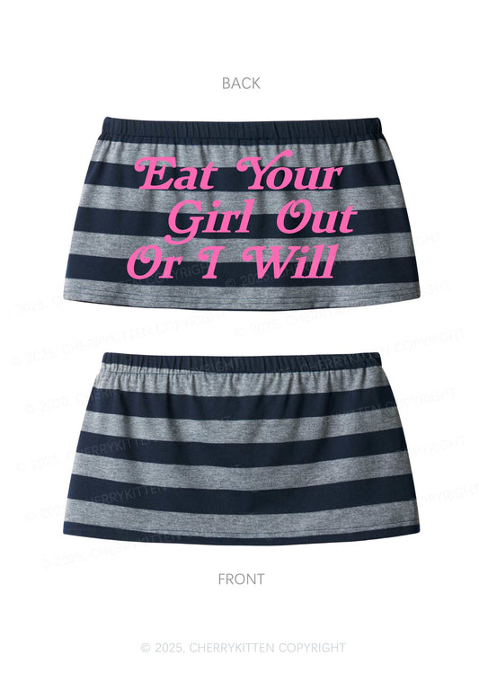 Eat Your Girl Out Pride Y2K Navy Grey Striped Mini Skirt Cherrykitten