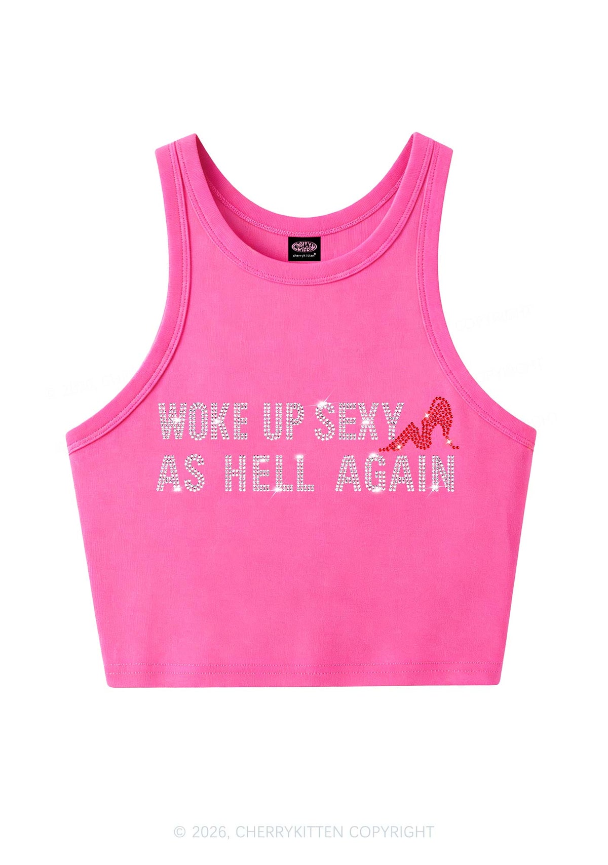 Rhinestone Woke Up Sexy Y2K Crop Tank Top Cherrykitten