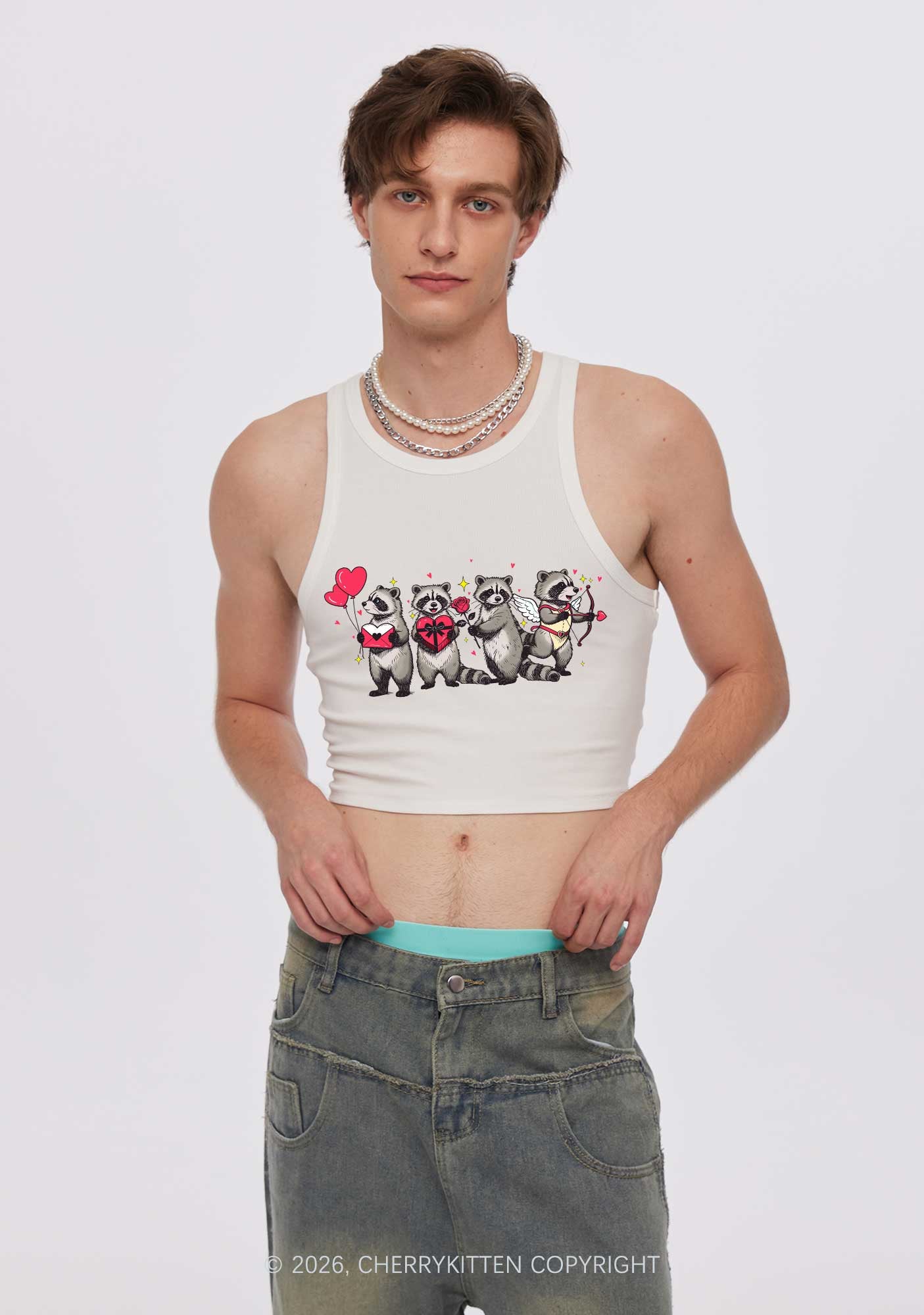 Raccoon Cupids Valentine's Day Y2K Crop Tank Top Cherrykitten