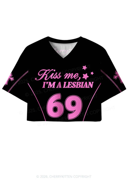 Black Kiss Me Im Lesbian Pride Y2K Crop Sport Jersey Shirts Cherrykitten