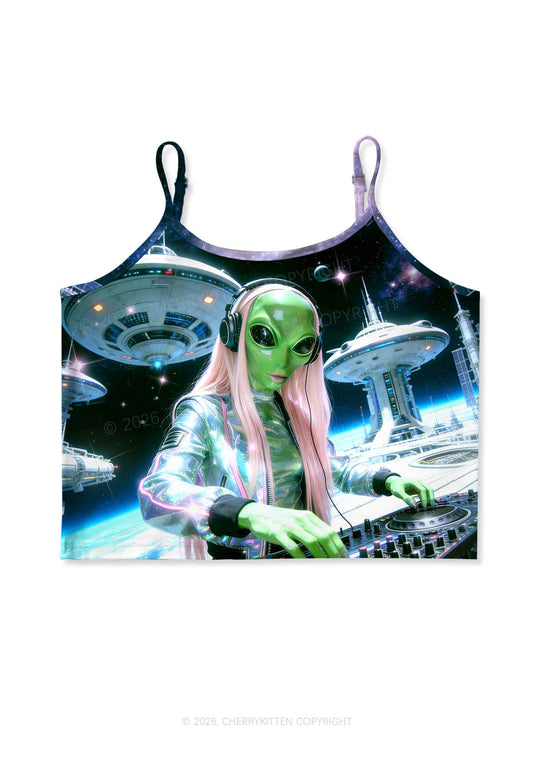 Space Alien DJ Y2K Print Cami Crop Top Cherrykitten