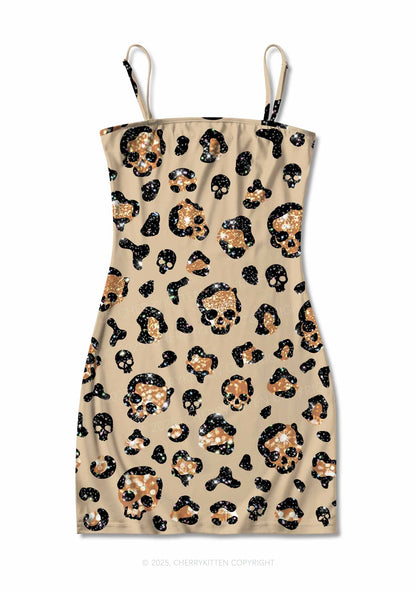 Halloween Leopard Sparkly Skull Y2K Print Slip Dress Cherrykitten