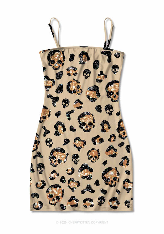 Halloween Leopard Sparkly Skull Y2K Print Slip Dress Cherrykitten