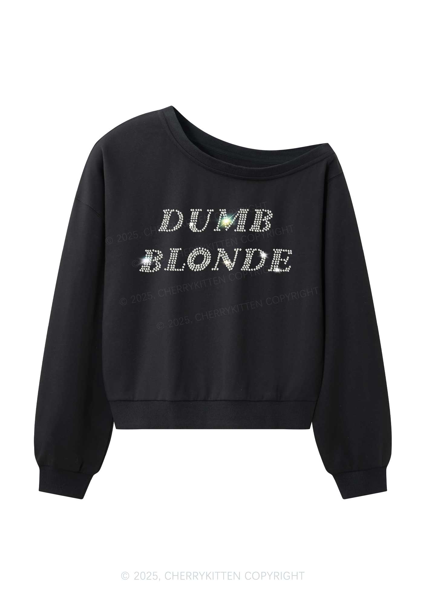 Rhinestone Dumb Blonde Y2K Off Shoulder Sweatshirts Cherrykitten