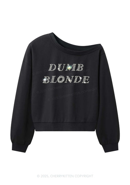 Rhinestone Dumb Blonde Y2K Off Shoulder Sweatshirts Cherrykitten