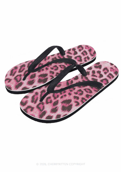 Pink Leopard Y2K Print Flip Flops Cherrykitten
