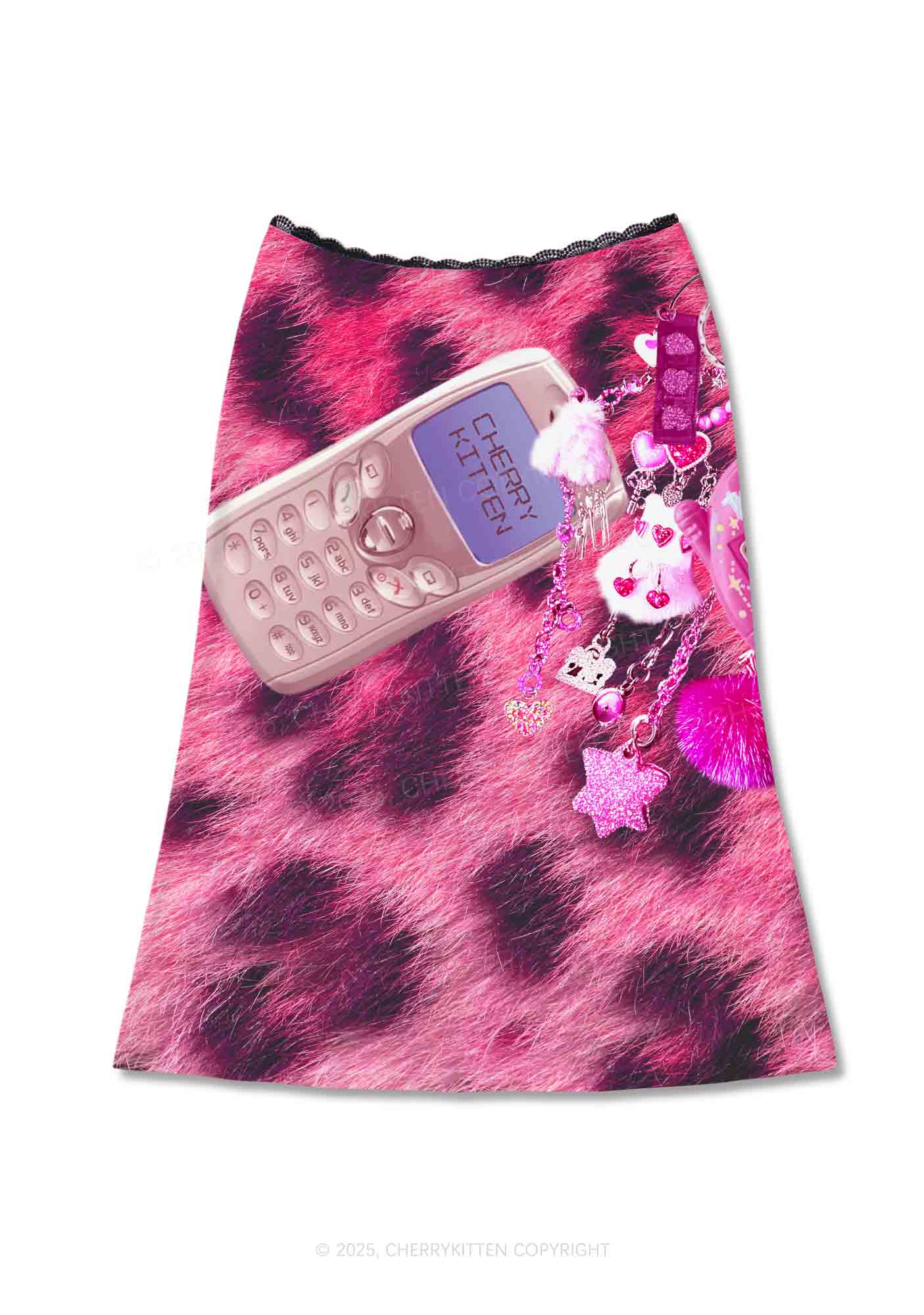 Pink Plush Phone Y2K Print Midi Skirt Cherrykitten