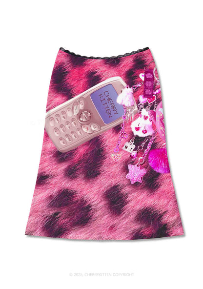 Pink Plush Phone Y2K Print Midi Skirt Cherrykitten