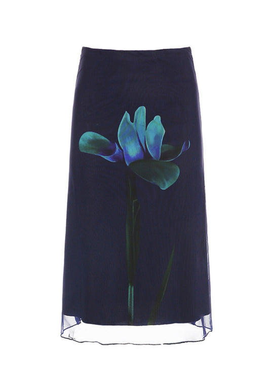 Ethnic Style Rose Print Mesh High Waist Skirt