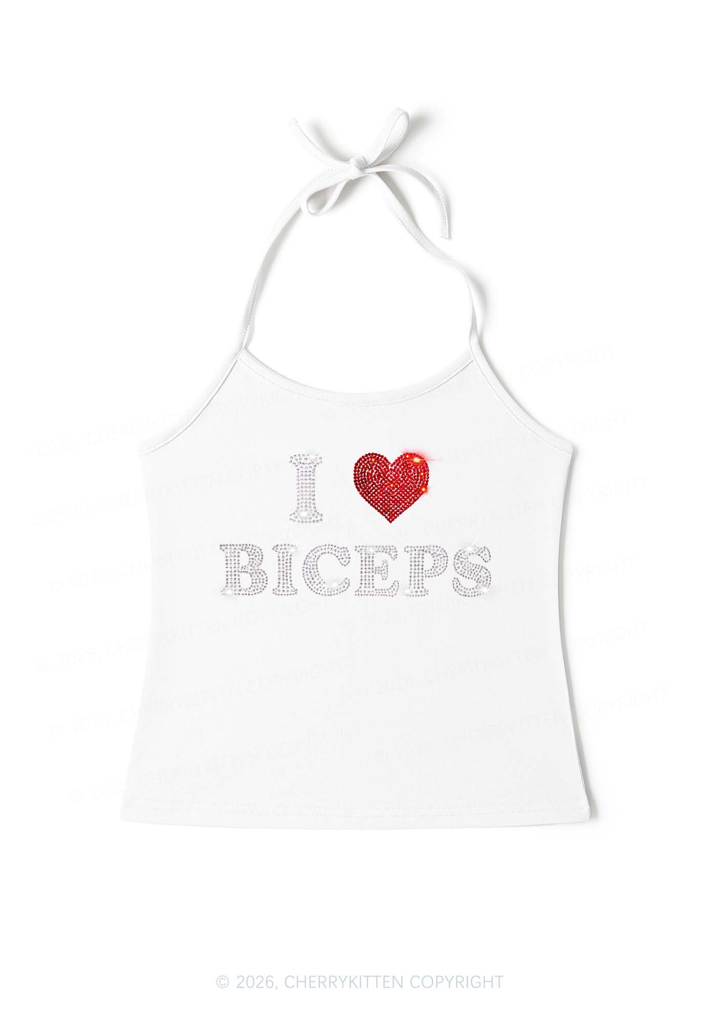 Rhinestone I Love Biceps Y2K Halter Neck Cami Cherrykitten