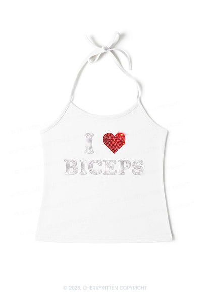 Rhinestone I Love Biceps Y2K Halter Neck Cami Cherrykitten