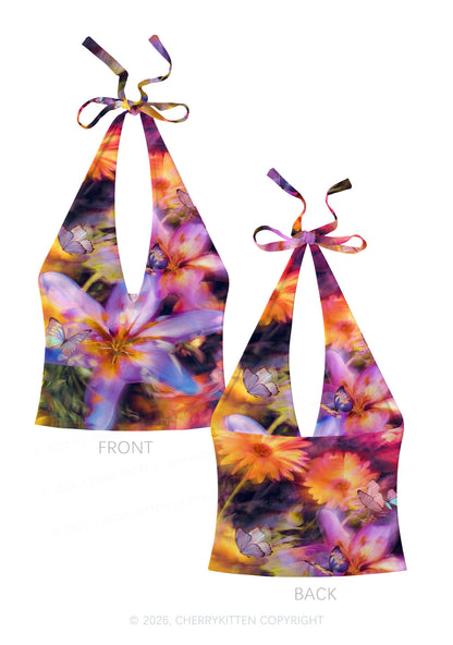 Purple Floral Butterfly Y2K Print Halter Deep V Neck Cami Cherrykitten