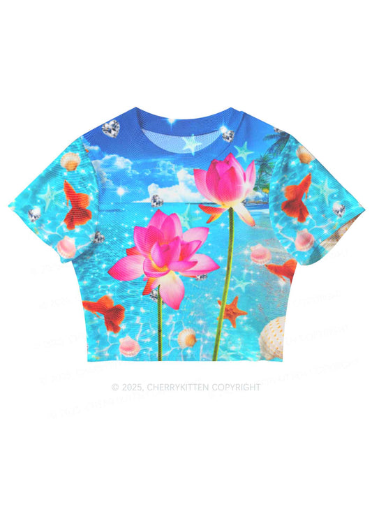 Seaside Lotus Y2K Mesh Crop Top Cherrykitten
