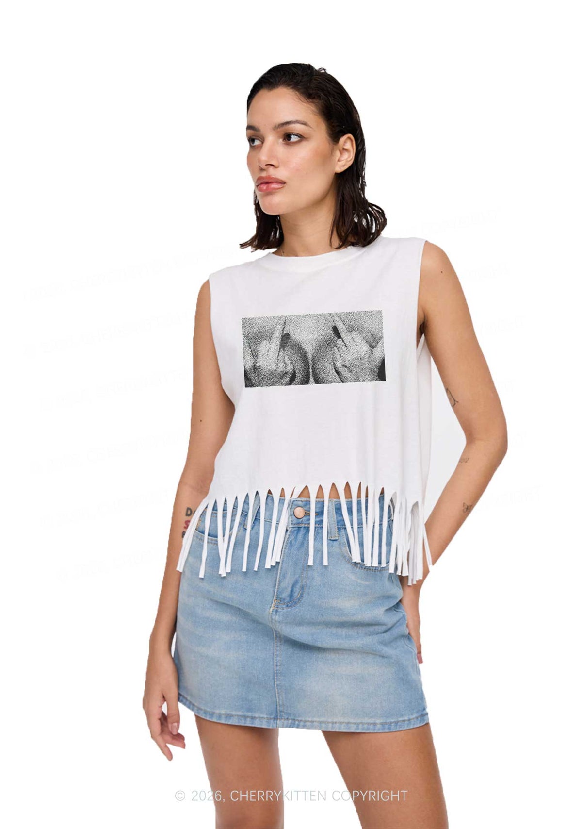 Middle Finger Bxxbs Y2K Fringe Tank Top Cherrykitten
