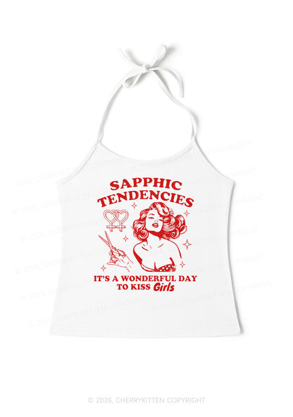 Sapphic Tendencies Kiss Girls Pride Y2K Halter Neck Cami Cherrykitten