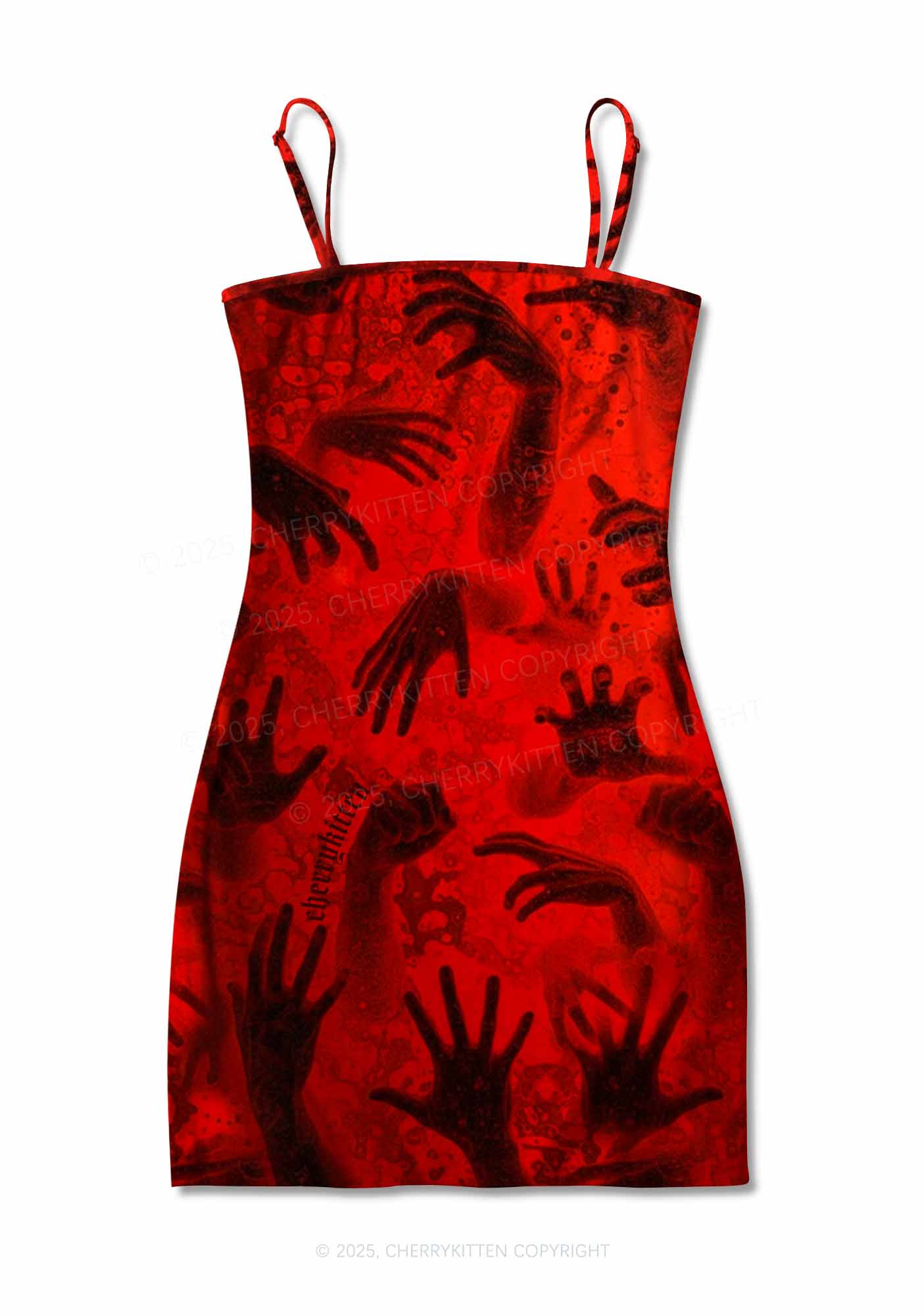 Halloween Red Hands Chaos Y2K Print Slip Dress Cherrykitten