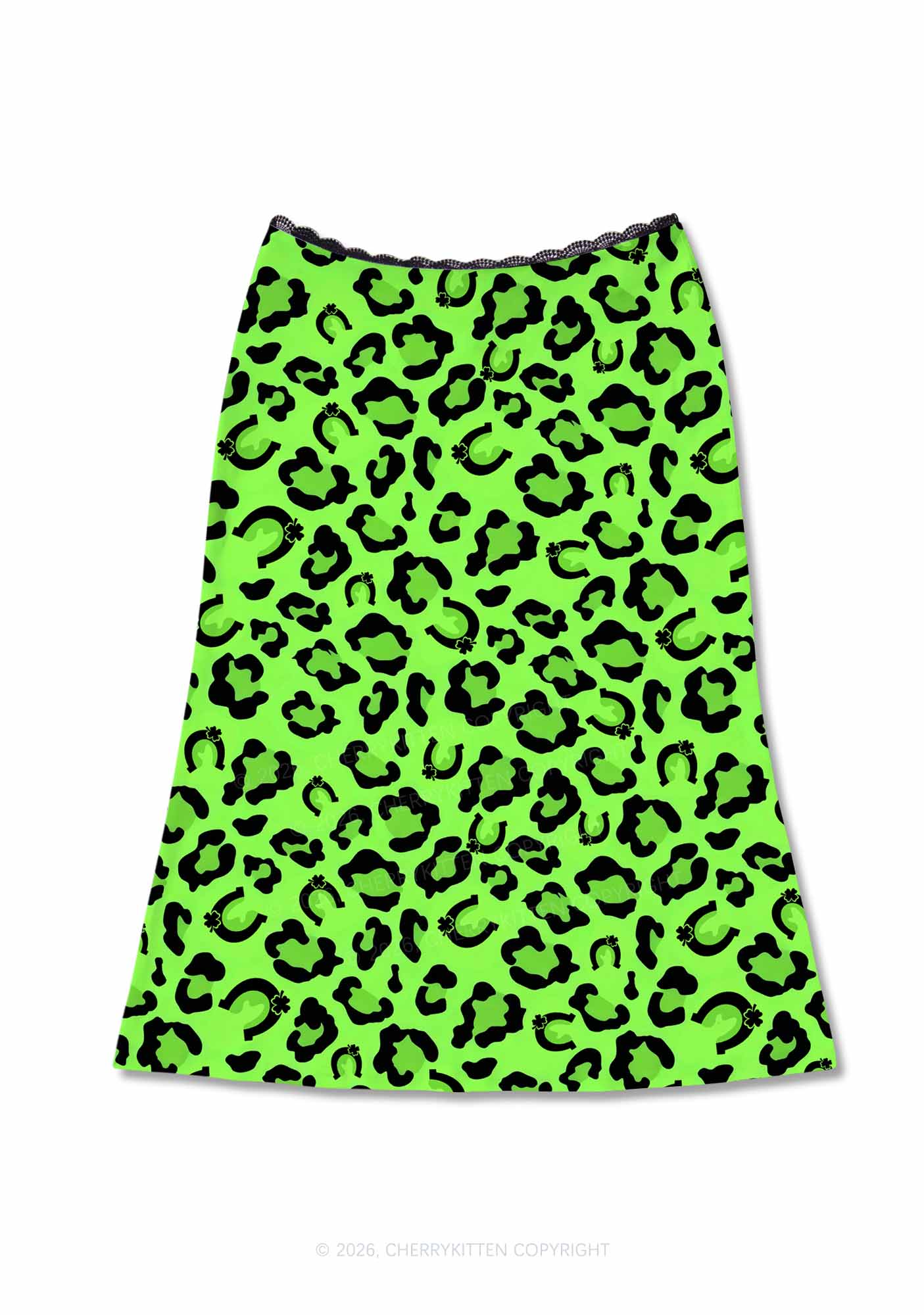 Fluorescent Green Leopard St Patricks Y2K Print Midi Skirt Cherrykitten