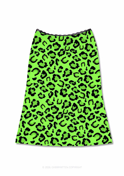Fluorescent Green Leopard St Patricks Y2K Print Midi Skirt Cherrykitten