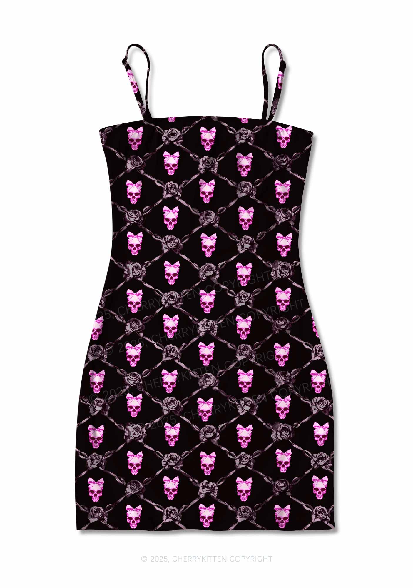 Halloween Pink Skull Y2K Print Slip Dress Cherrykitten